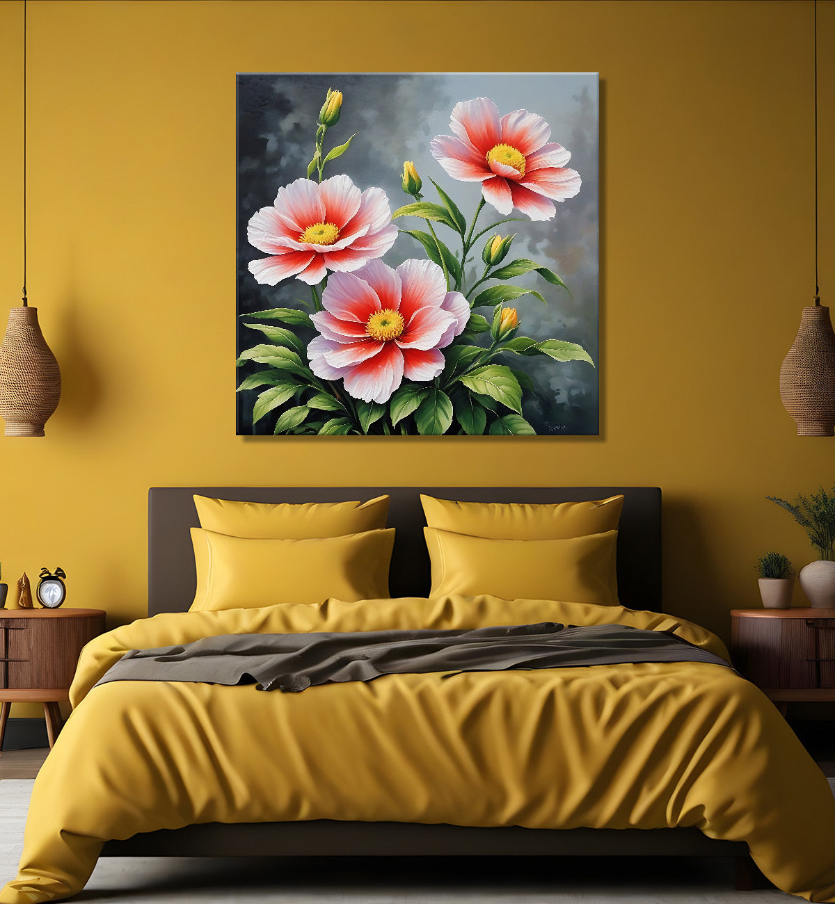 Pink flowers in grey background textured painting - Flower-S-148