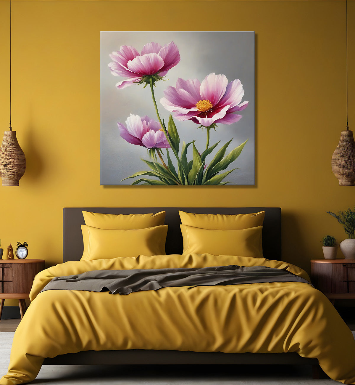 Purple flowers in grey textured painting - Flower-S-149