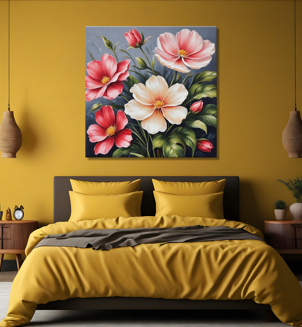 White and pink flowers in grey textured painting - Flower-S-150