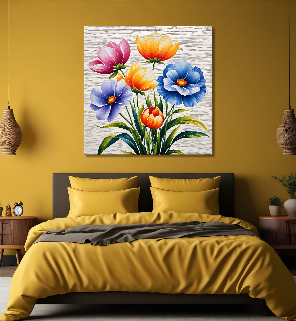 Colourful  flowers in grey textured painting - Flower-S-151
