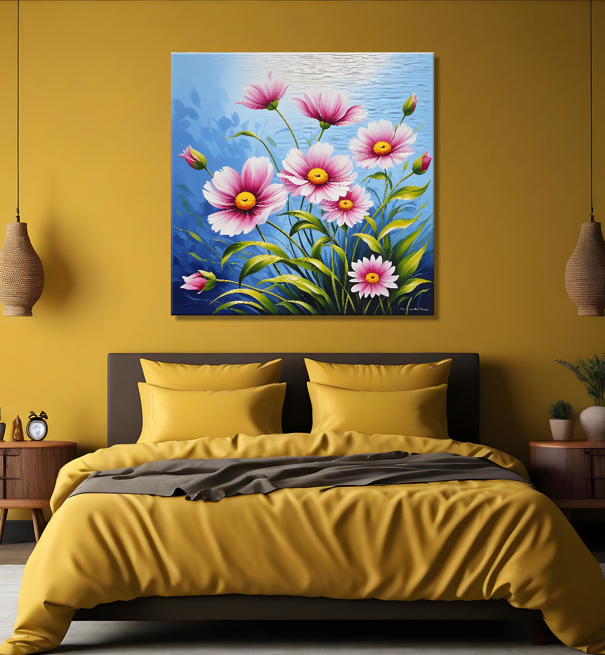 Pink flowers in blue background textured painting - Flower-S-153