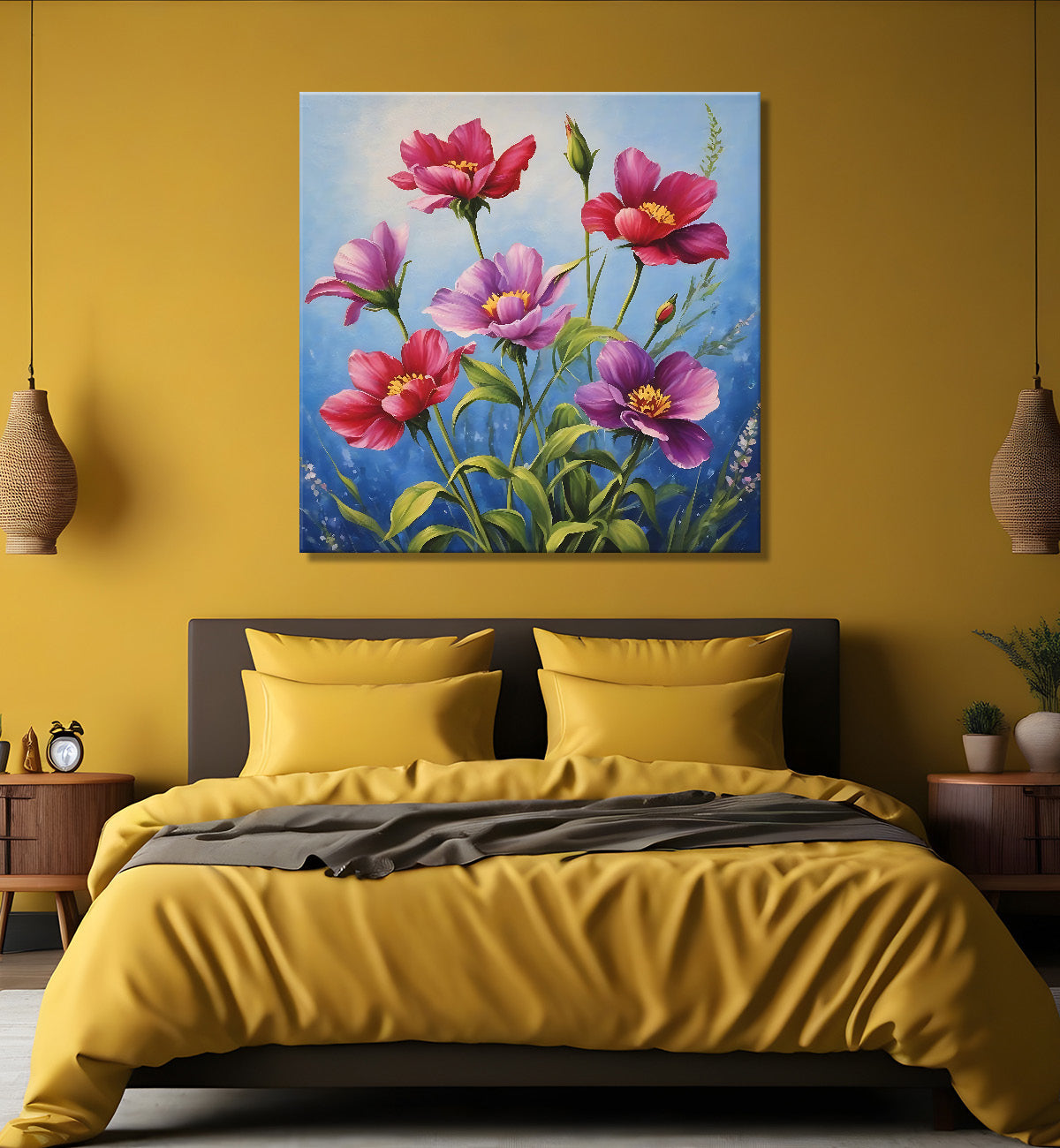 Pink flowers in blue background textured painting - Flower-S-155