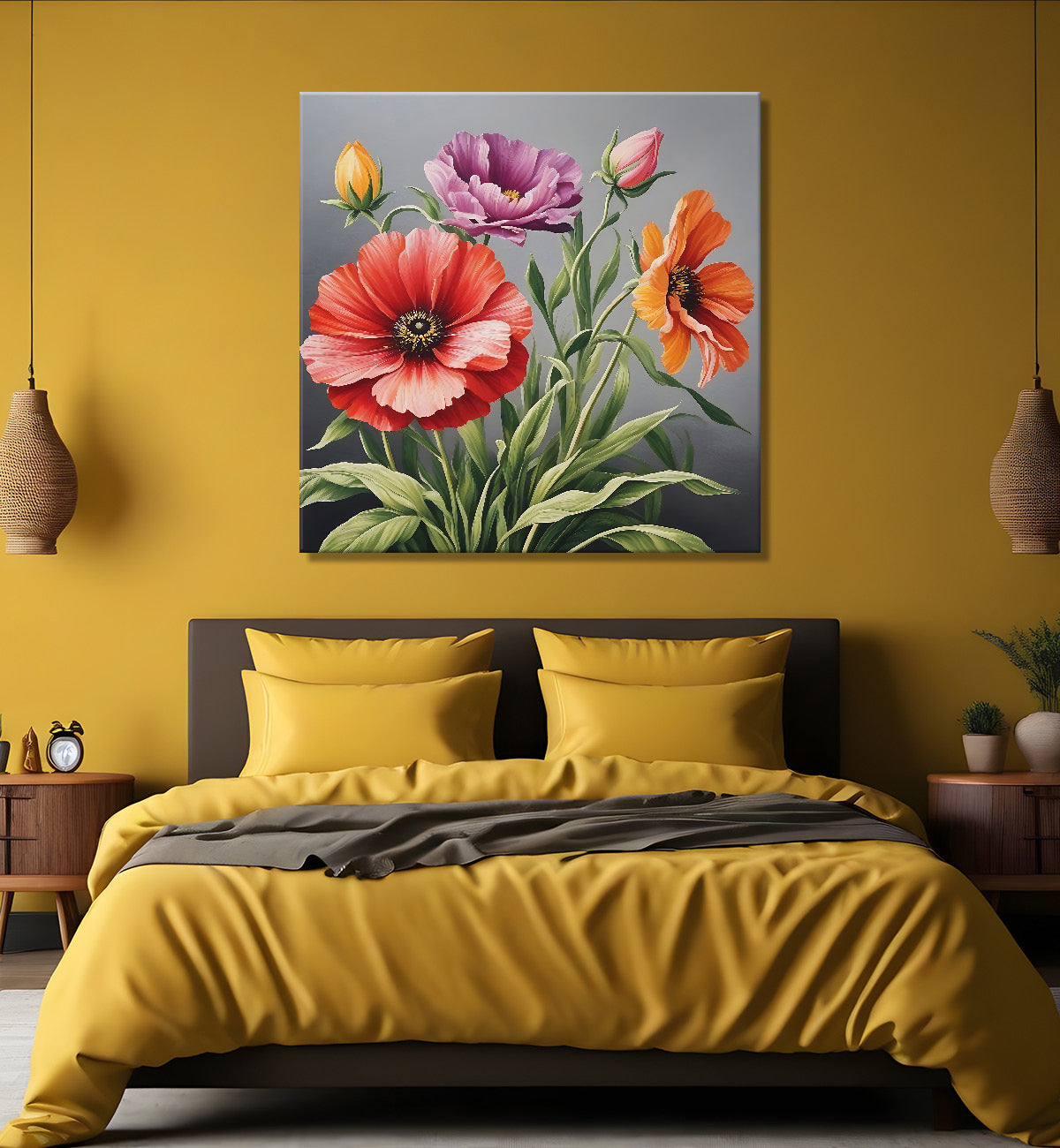 Orange and purple flowers in grey textured painting - Flower-S-157