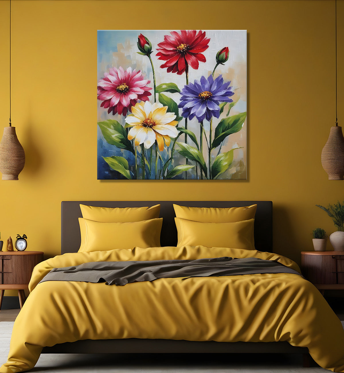 Colourful  flowers in grey textured painting - Flower-S-158