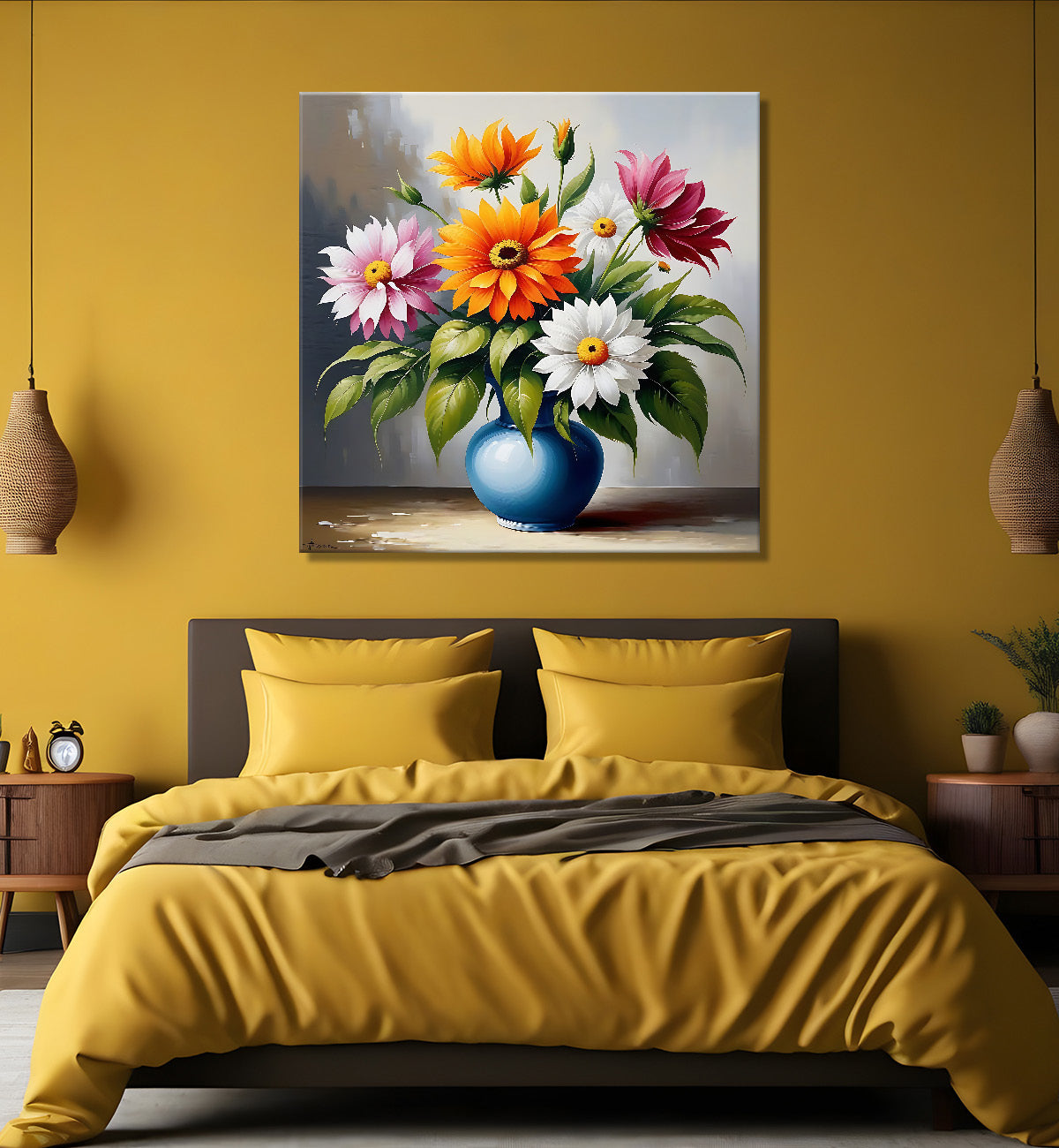 Colourful  flowers in a vas in grey textured painting - Flower-S-160