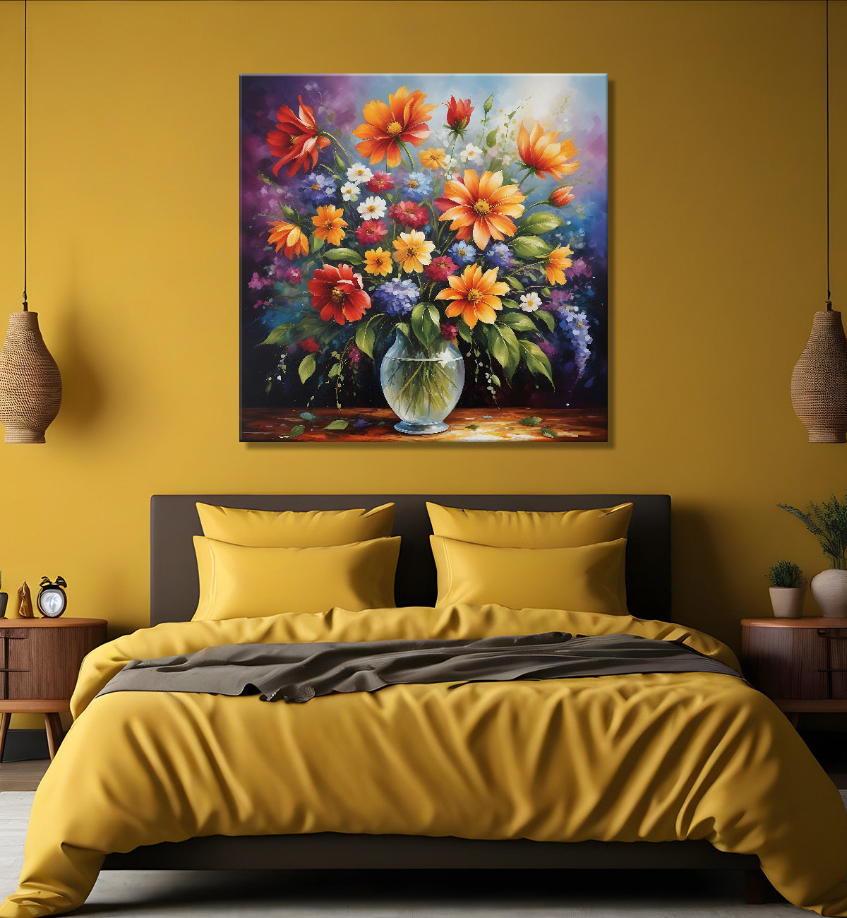 Colourful  flowers in a vas in dark textured painting - Flower-S-161