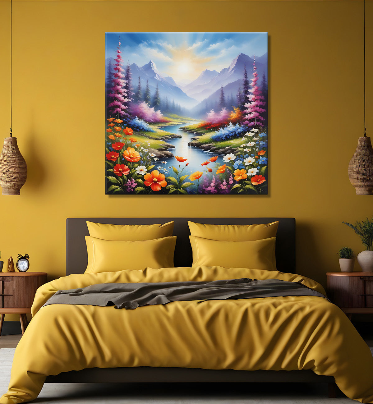 Mountains with pink trees and orange flowers with a lake textured painting - Flower-S-163