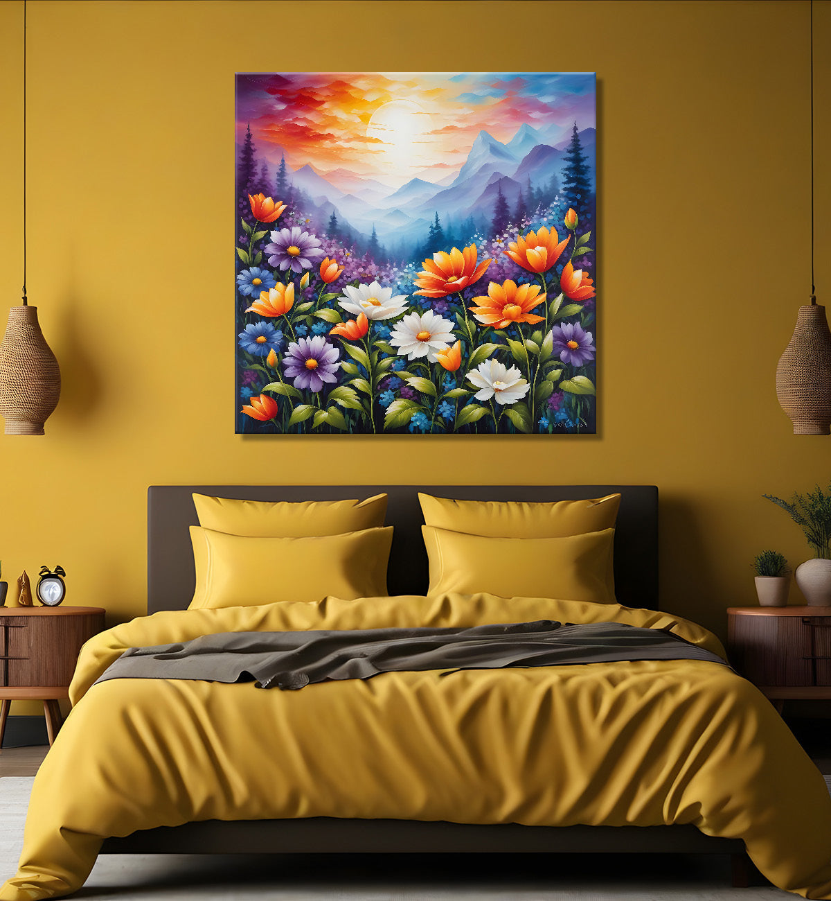 Mountains with beautiful flowers textured painting- Flower-S-164