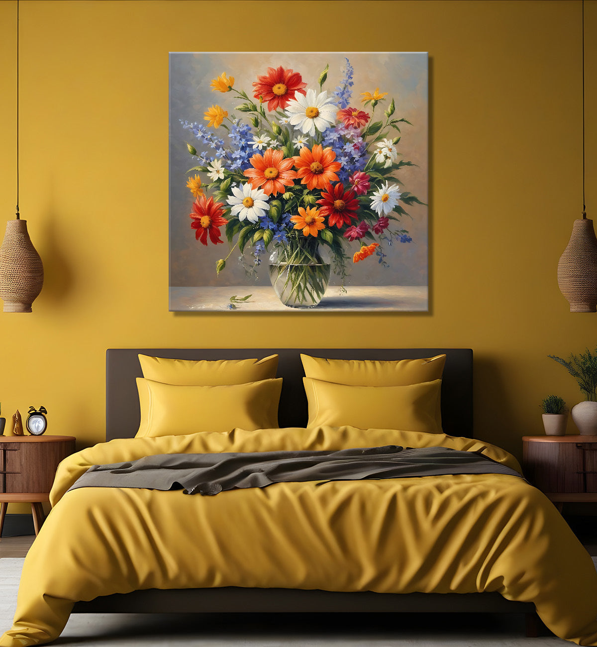 Colourful flowers in a vas in grey textured painting - Flower-S-165