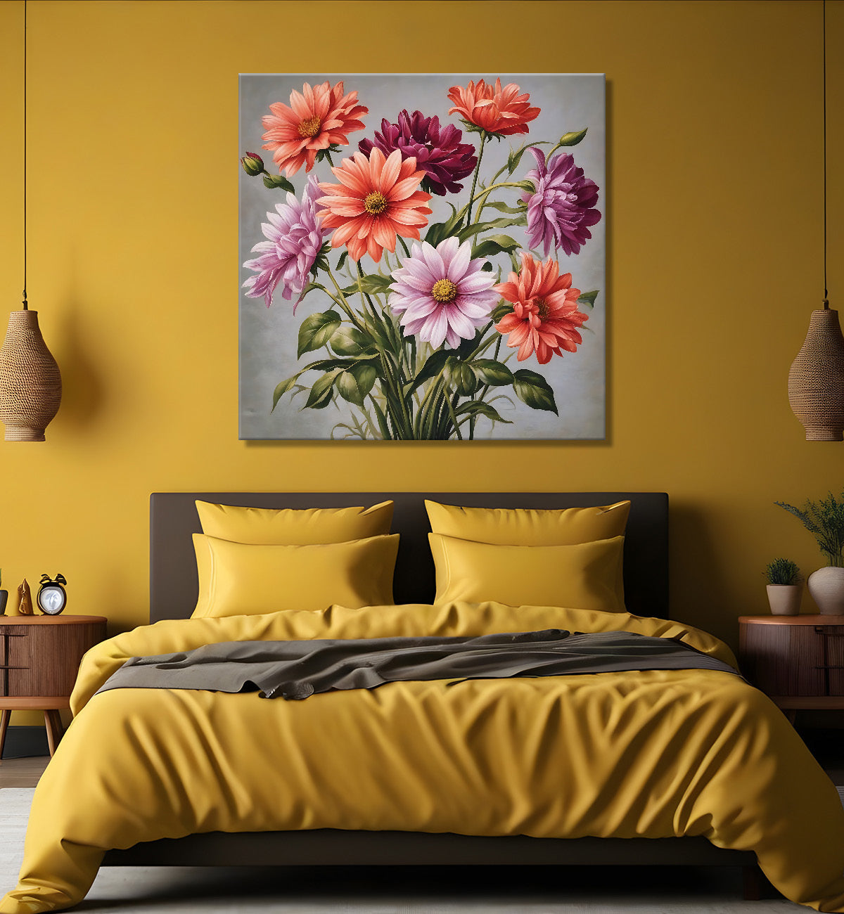 Colourful flowers in grey textured painting - Flower-S-167
