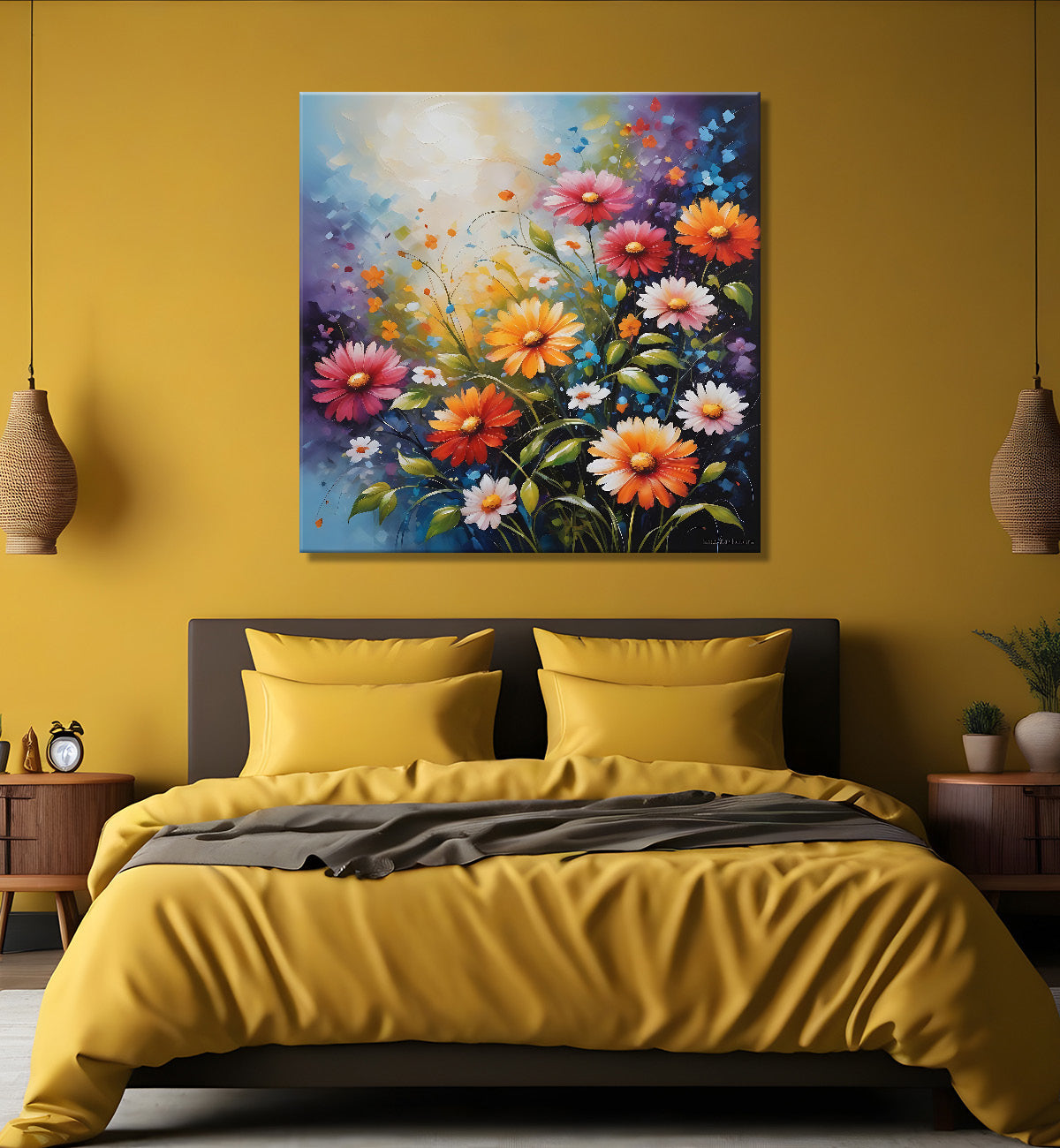 Colourful flowers in blue textured painting - Flower-S-168