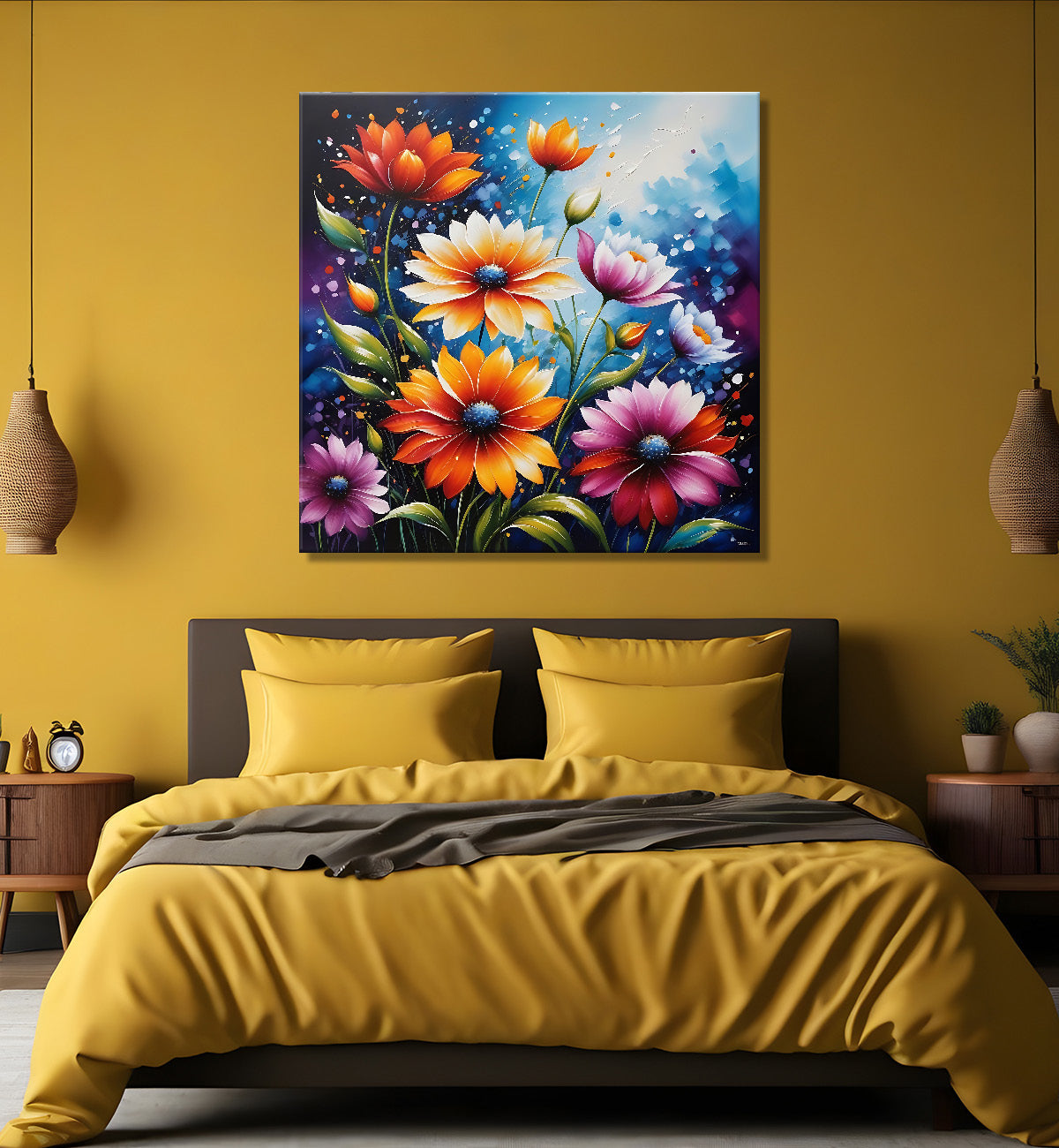 Colourful flowers in blue textured painting - Flower-S-169