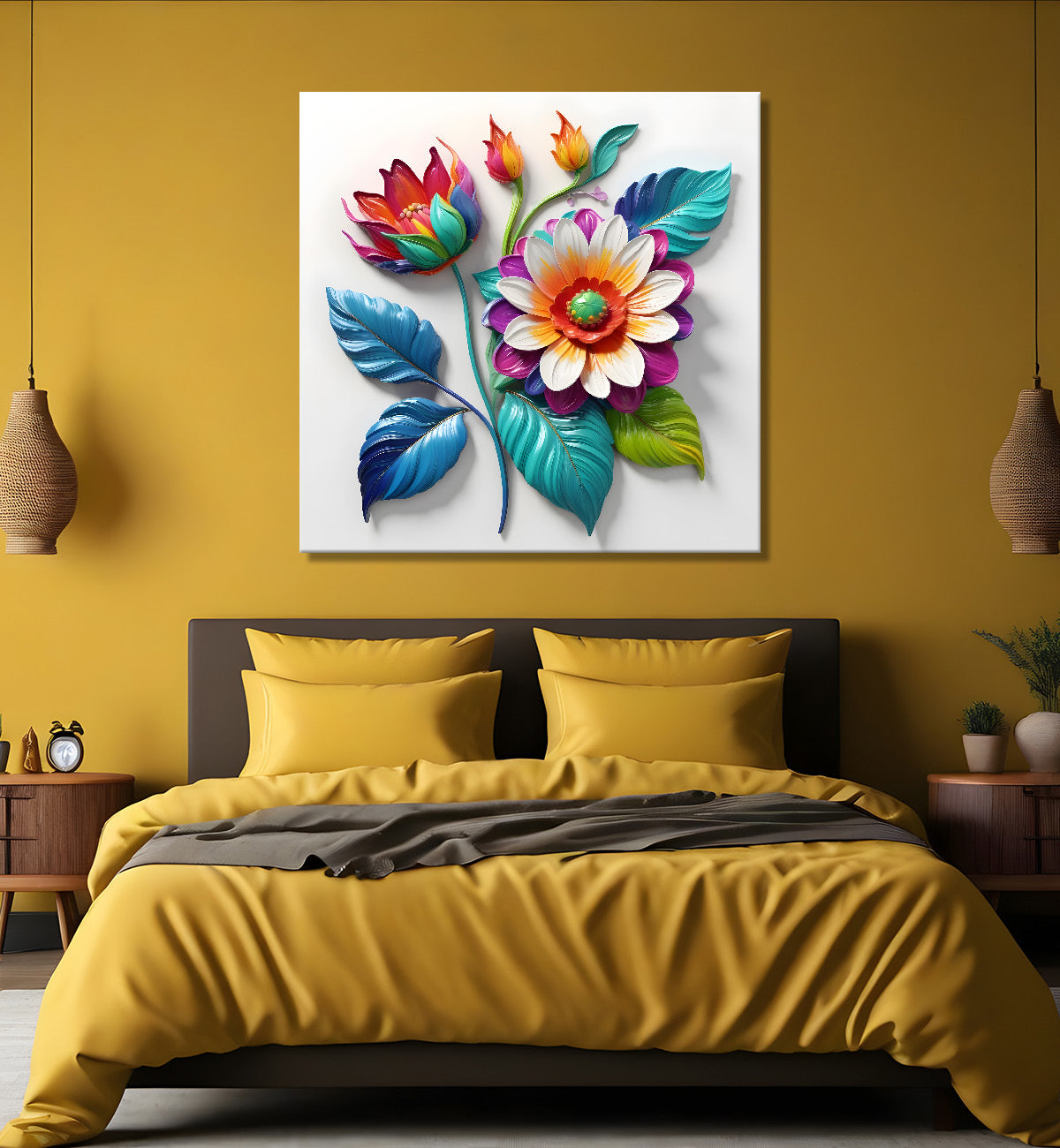Colourful flowers in white background textured painting - Flower-S-177