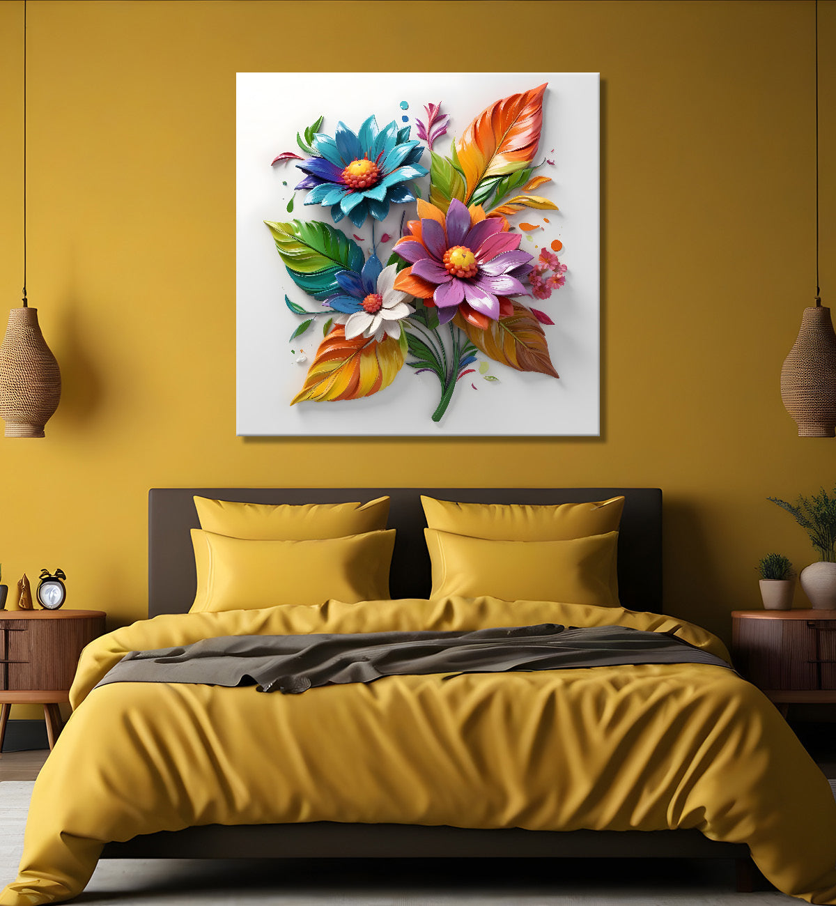 Colourful flowers in white background textured painting - Flower-S-178