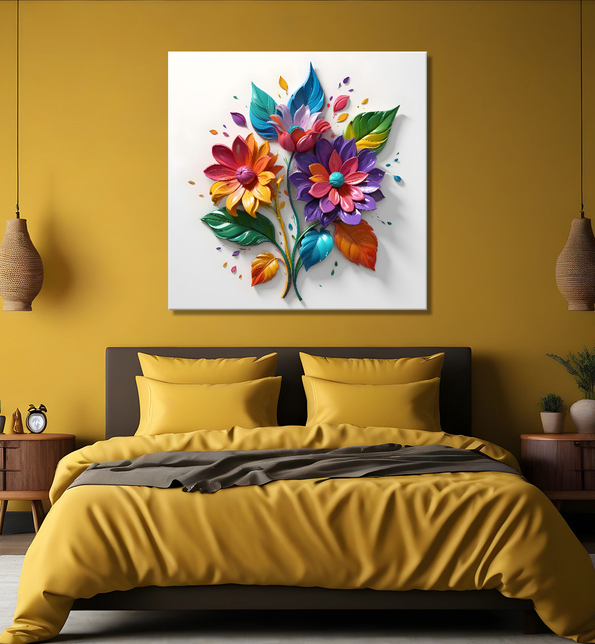 Colourful flowers in white background textured painting - Flower-S-180