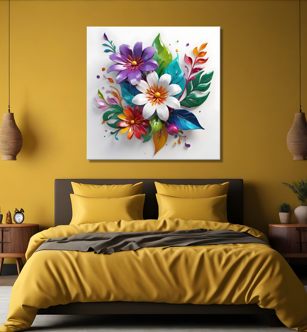 Colourful flowers in white background textured painting - Flower-S-181