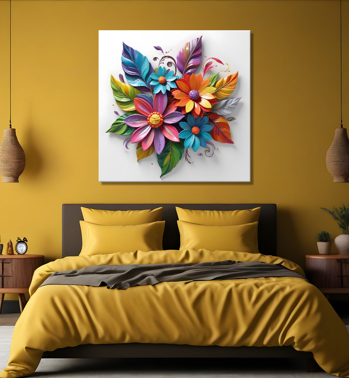 Colourful flowers in white background textured painting - Flower-S-187