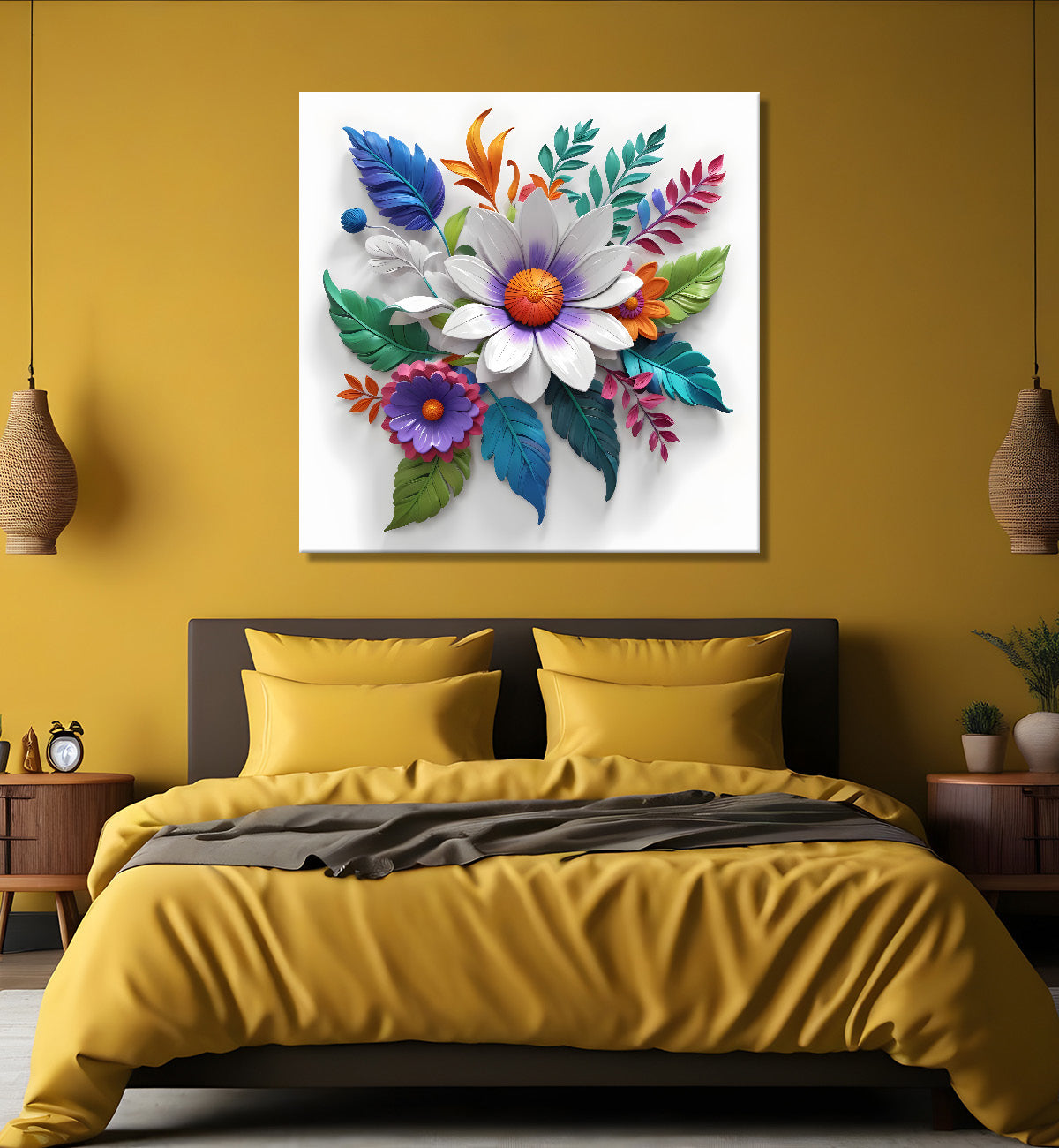 Colourful flowers in white background textured painting - Flower-S-188