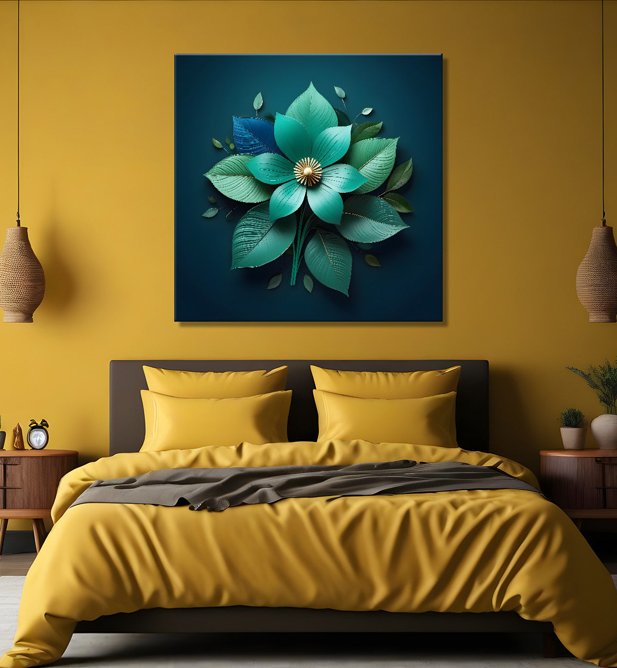 Green flower in dark green textured painting  - Flower-S-189