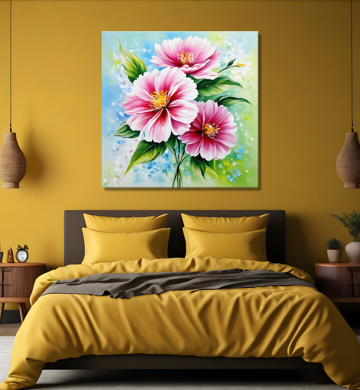 Pnk flowers in green textured painting - Flower-S-190