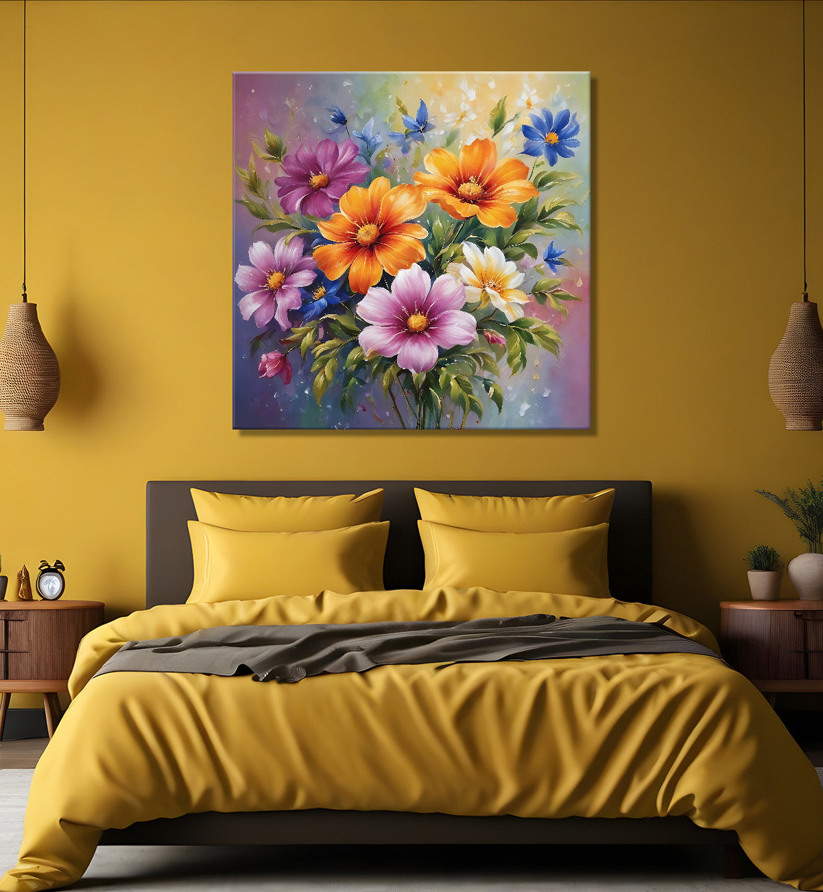 Colourful flowers in pink and grey background textured painting  - Flower-S-191