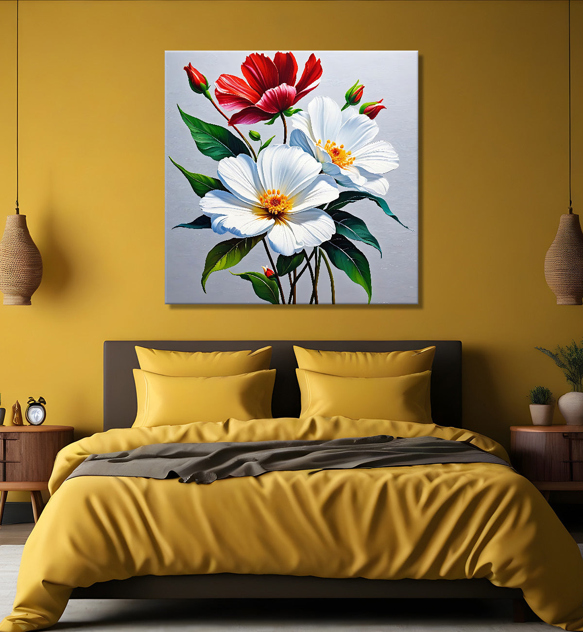 Red and white flowers in grey textured painting - Flower-S-192