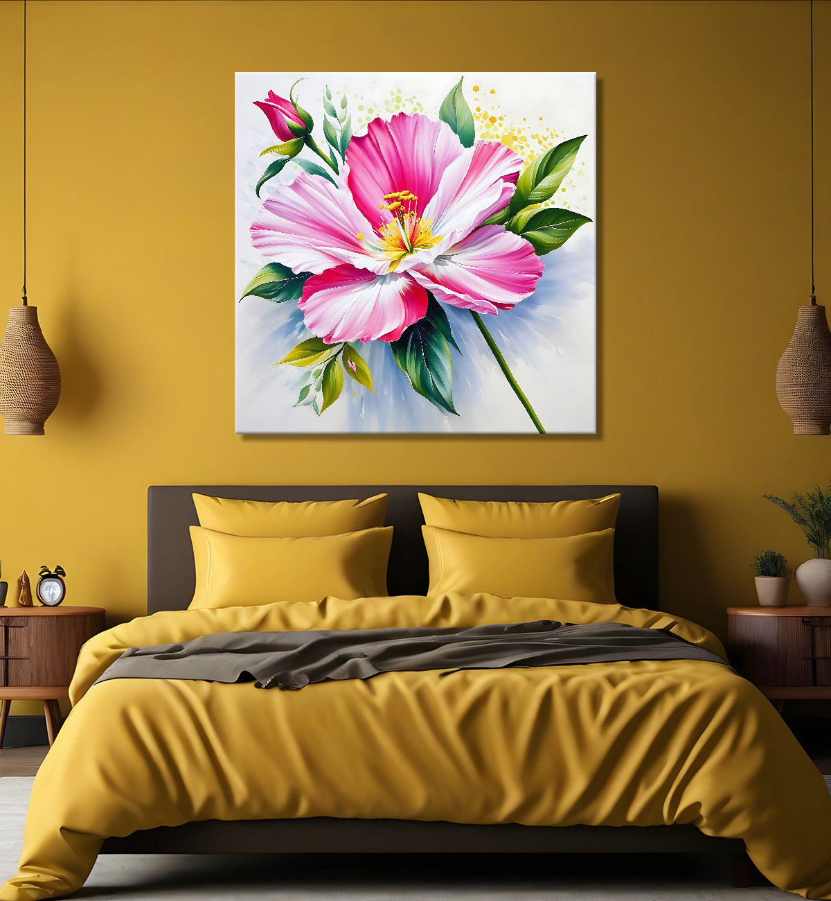 Pink flowers in grey textured painting - Flower-S-193