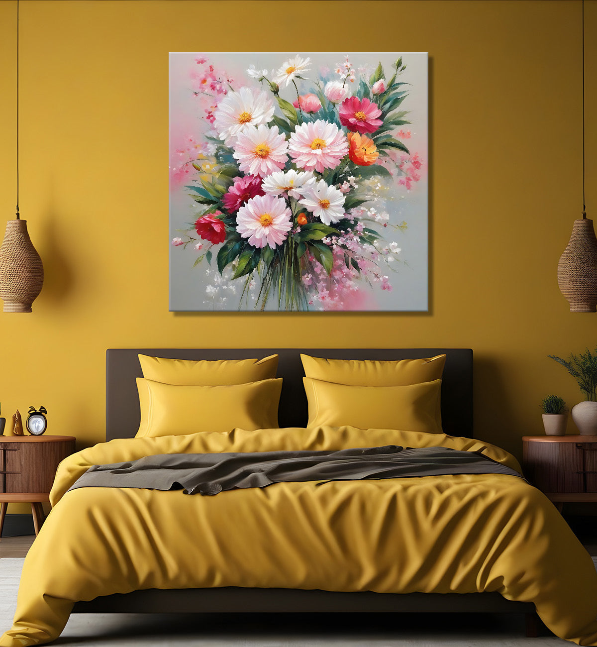 Colourful flowers in pink and grey background textured painting - Flower-S-194