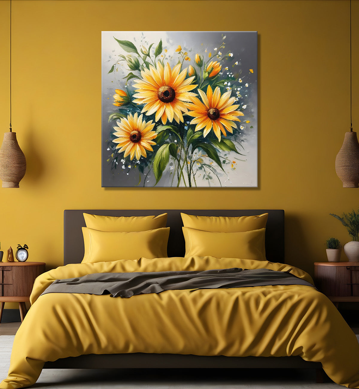 Sunflowers in grey textured painting - Flower-S-195