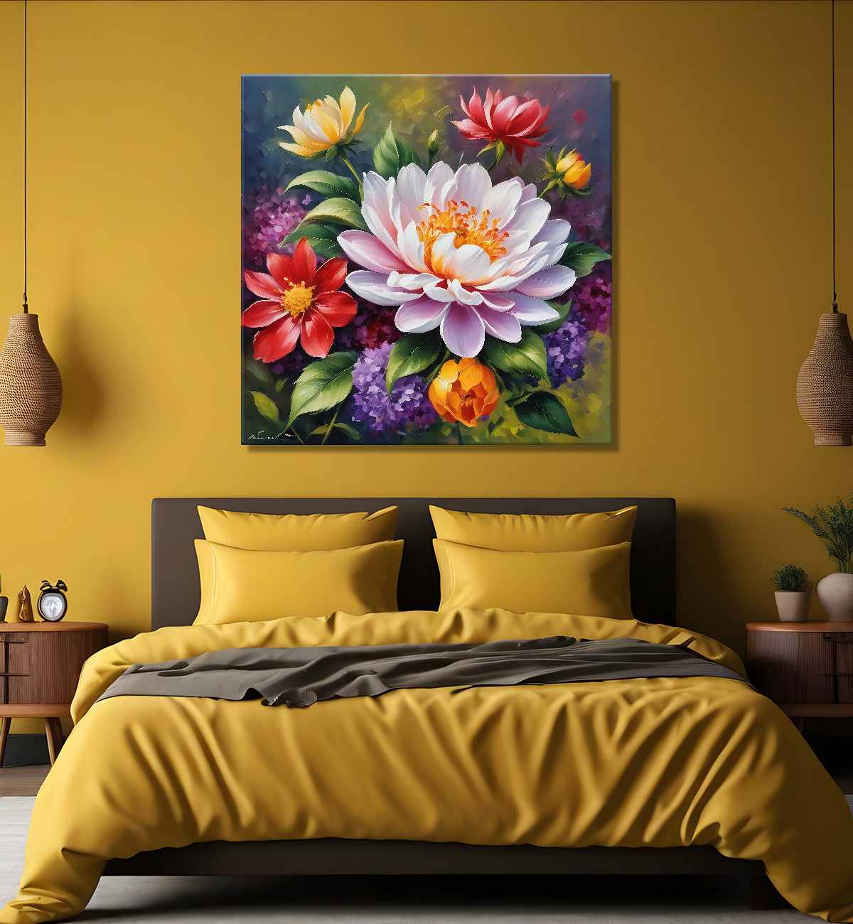 Colourful flowers in dark textured painting - Flower-S-196