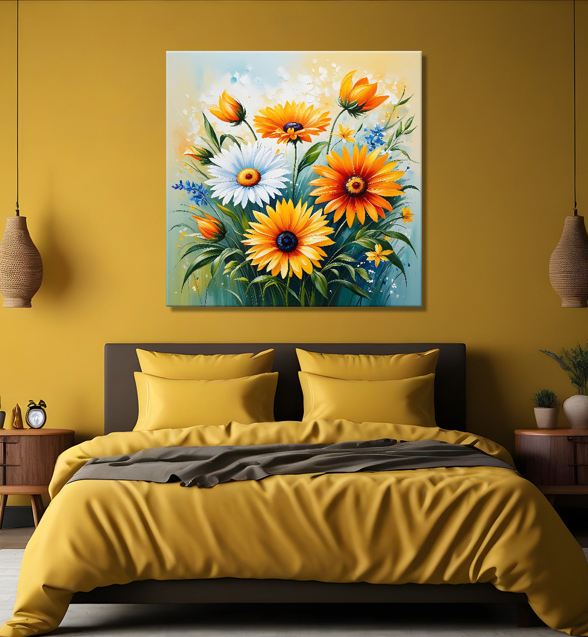 Sunflowers in blue and yellow textured painting - Flower-S-197