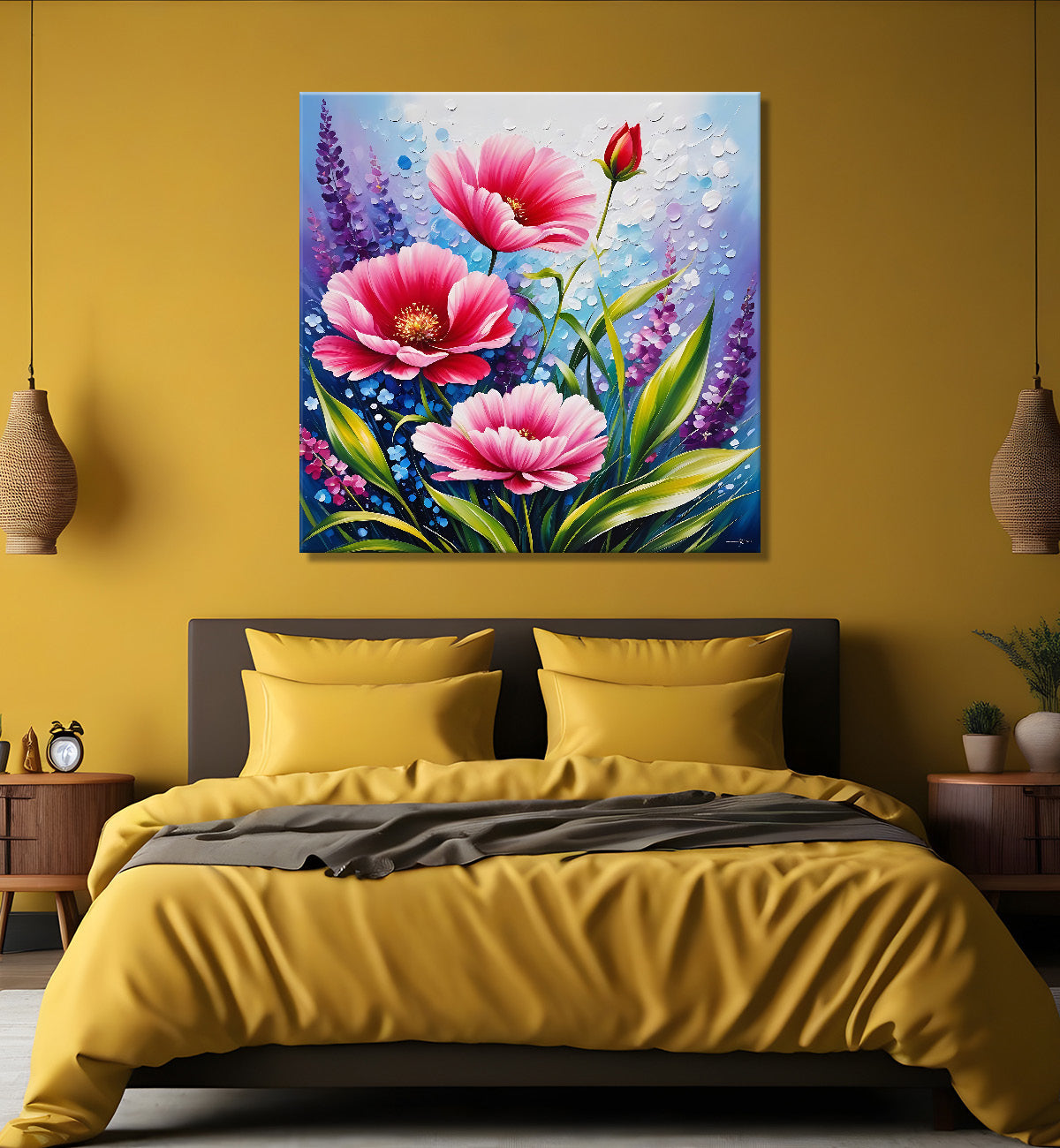 Pink flowers in blue background textured painting - Flower-S-198