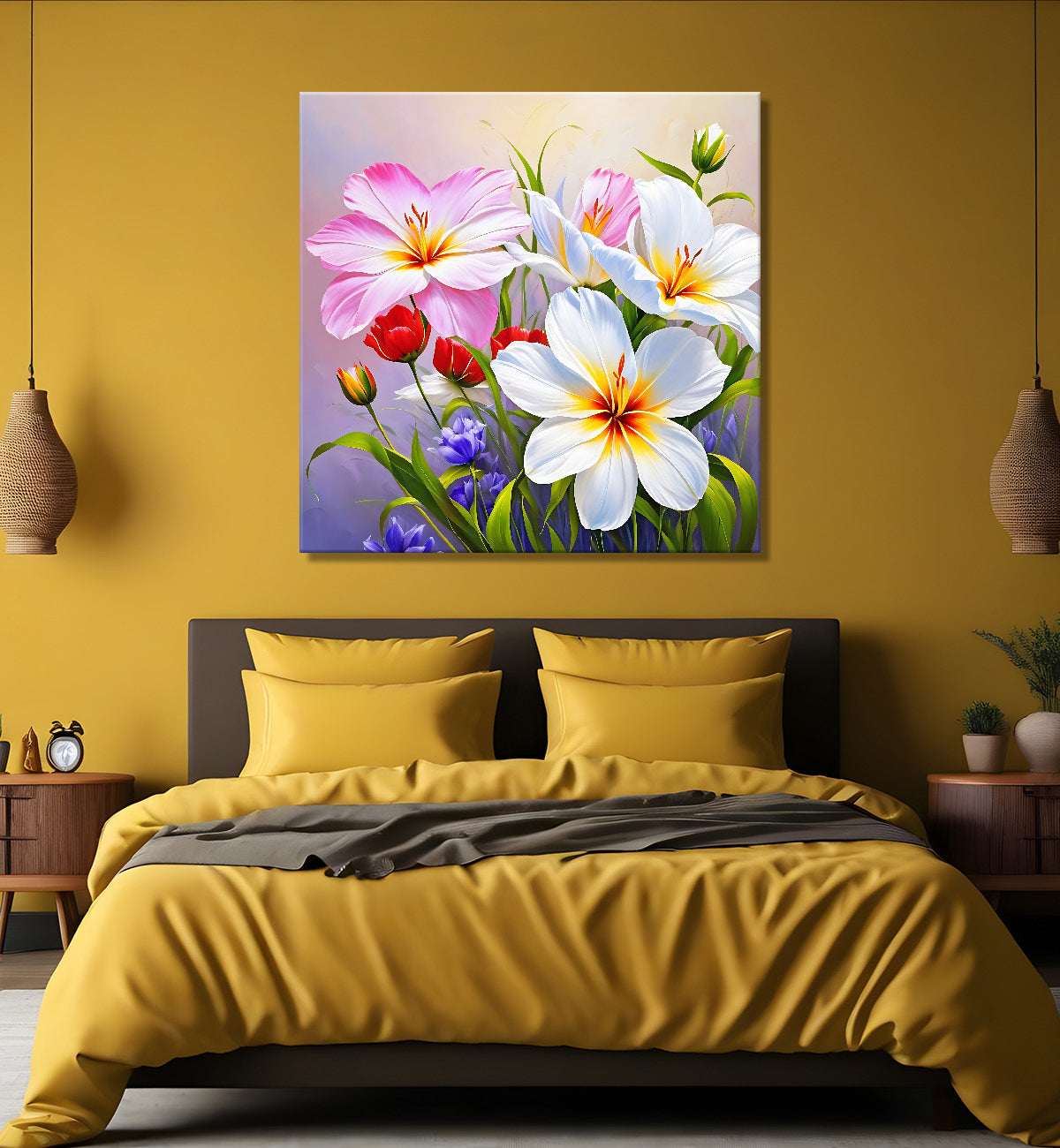 White and pink flowers in grey textured painting - Flower-S-199