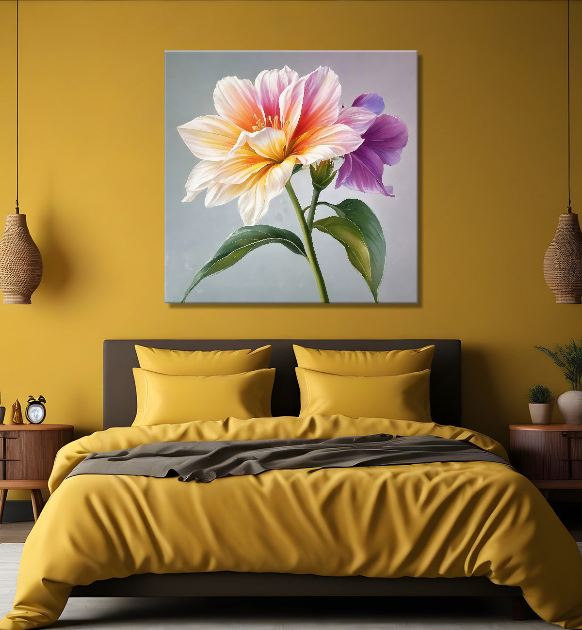 White flowers in grey textured painting - Flower-S-200