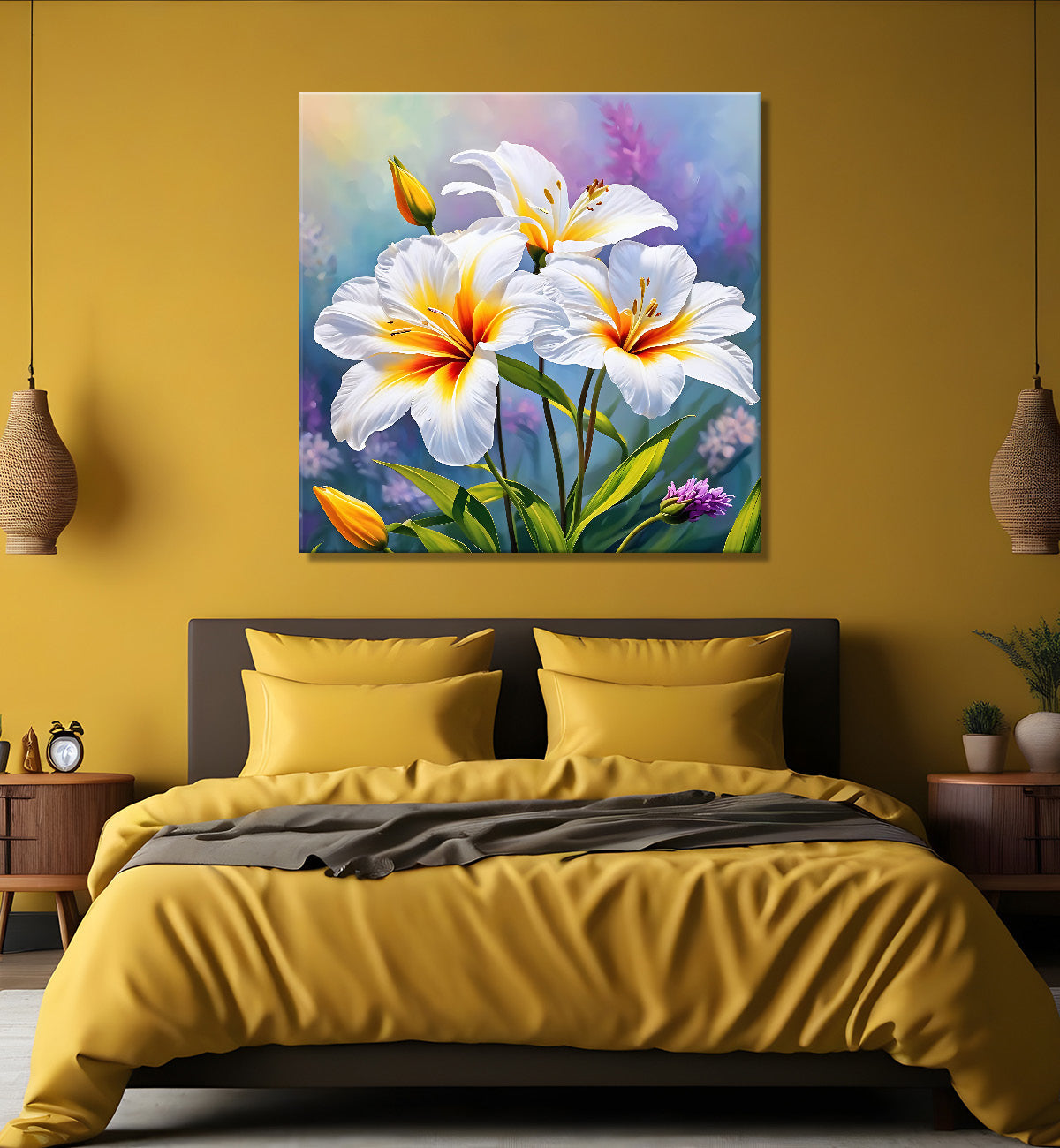 White flowers in purple background painting - Flower-S-202