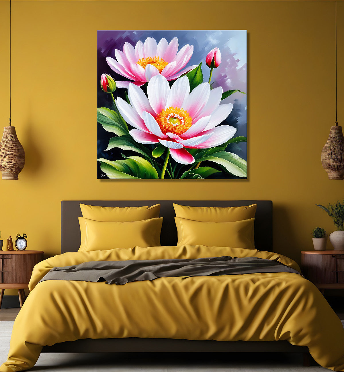 Pink flowers in blue background textured painting - Flower-S-203