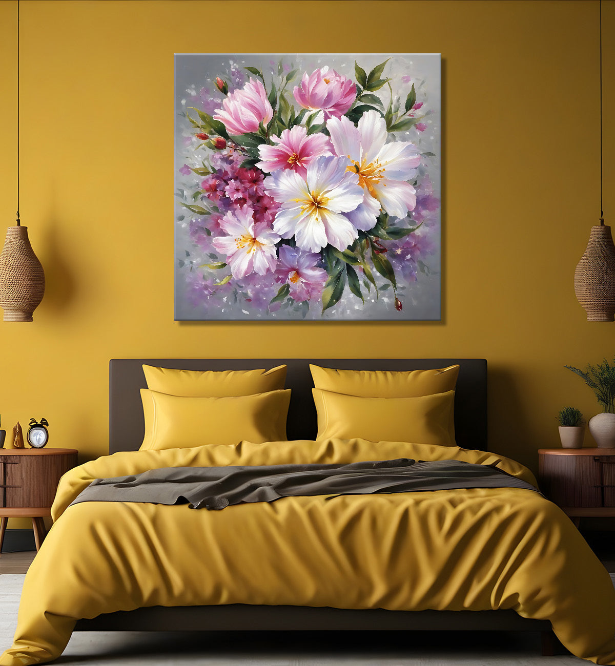 Pink and white flowers in grey textured painting - Flower-S-205