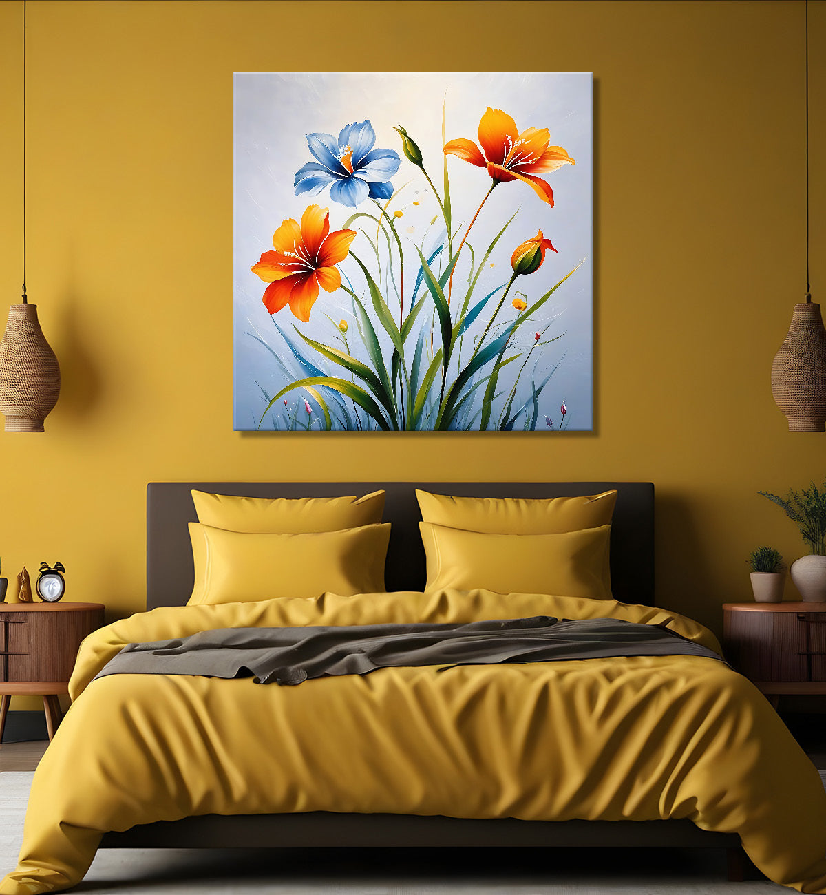 Orange and blue flower in grey textured painting - Flower-S-206