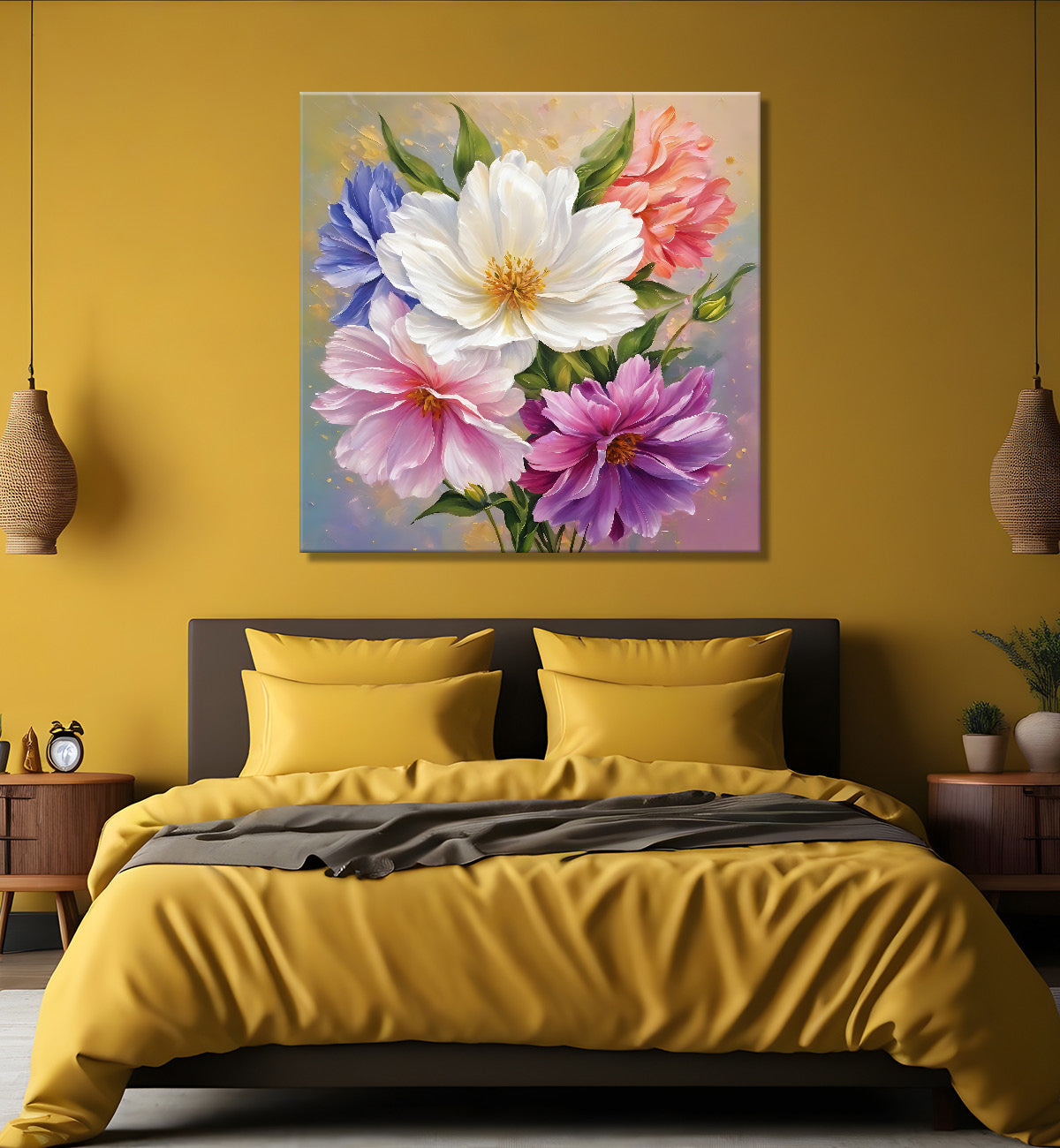 Pink and white flowers in light brown textured art - Flower-S-207