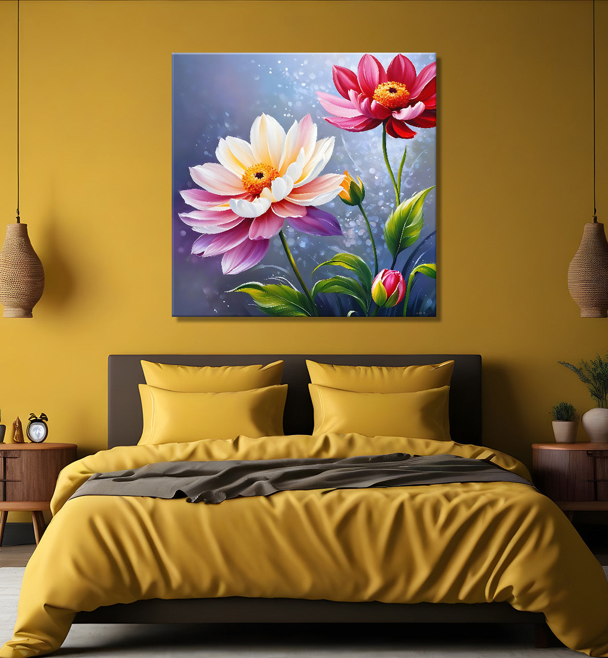 Pink flowers in grey textured painting - Flower-S-209