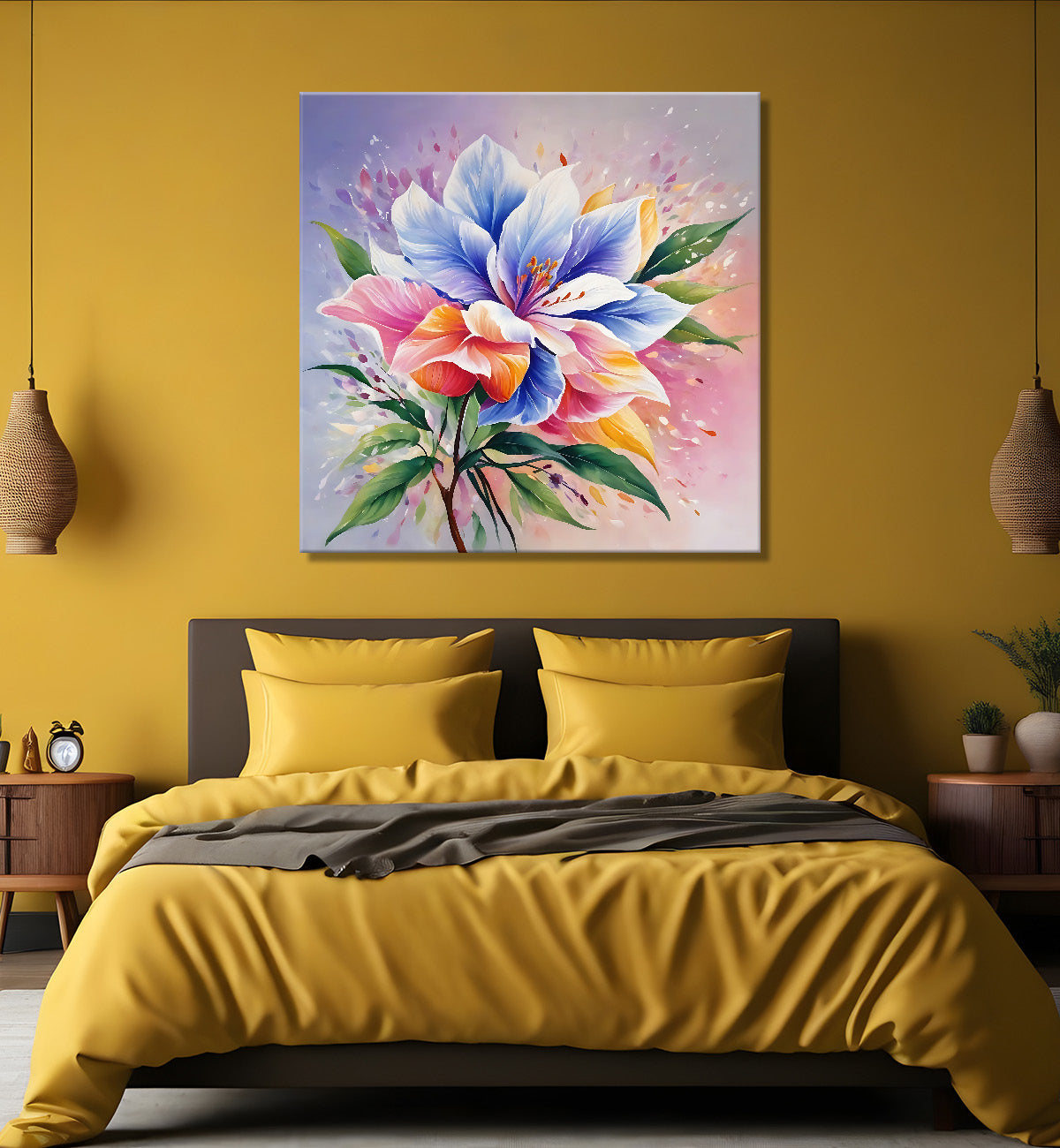 Blue and pink flowers textured painting - Flower-S-211