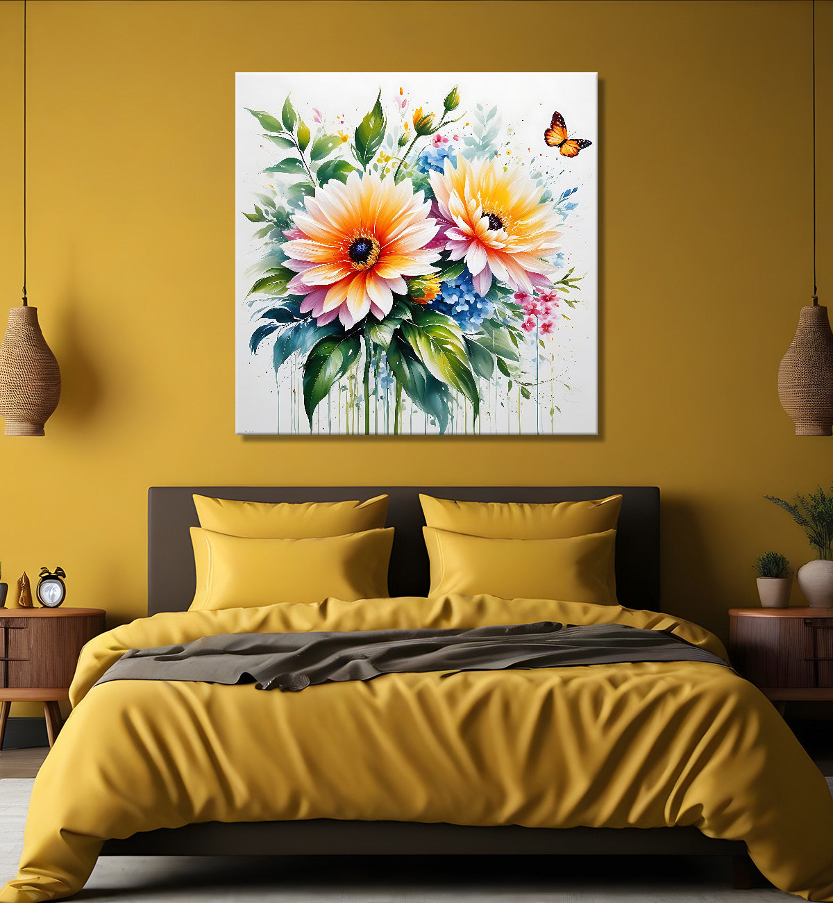 Orange flowers in grey textured painting - Flower-S-212