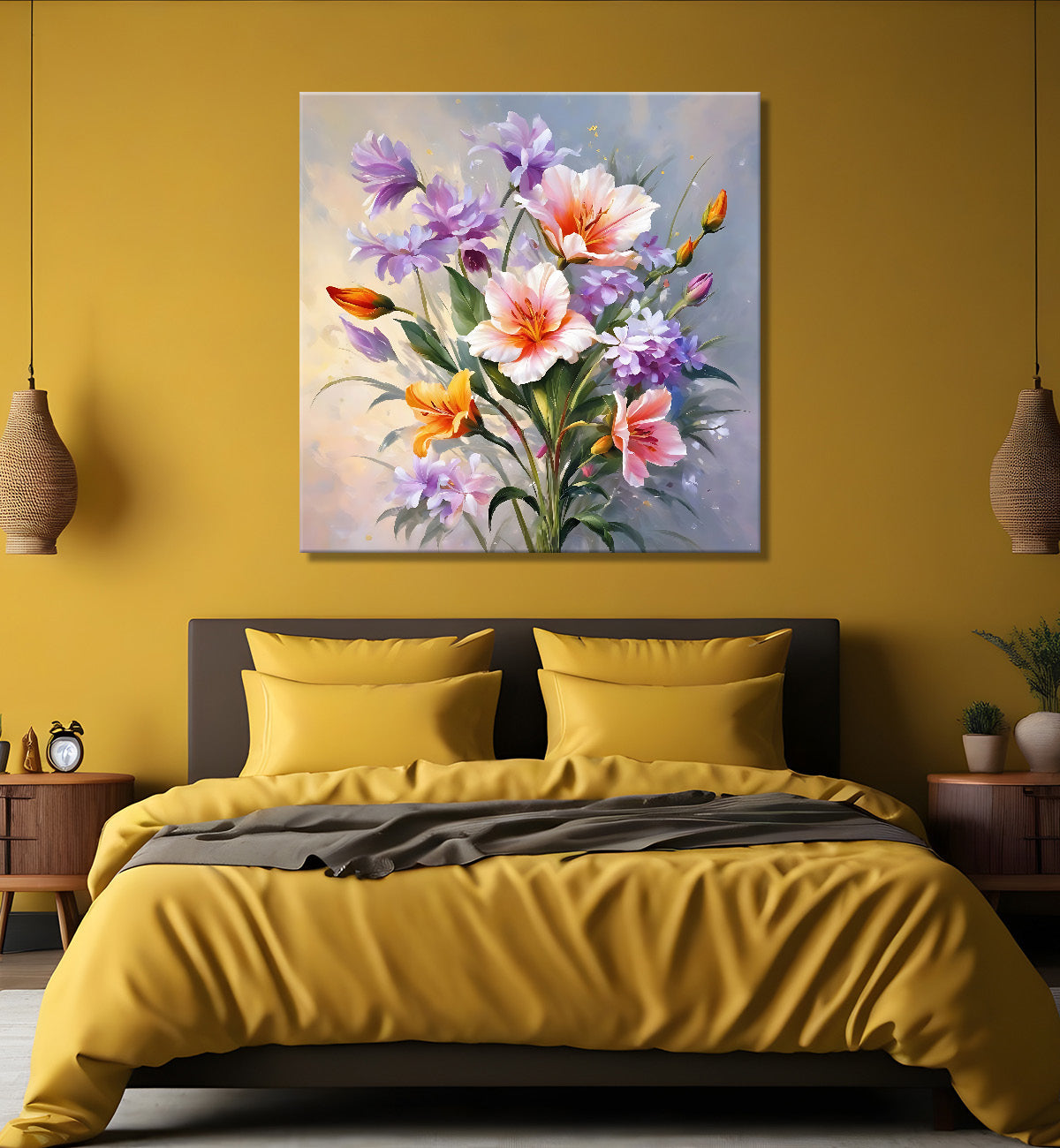 Orange flowers in grey textured painting - Flower-S-213