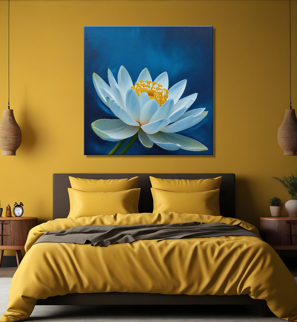 White flower in navy blue textured painting - Flower-S-214