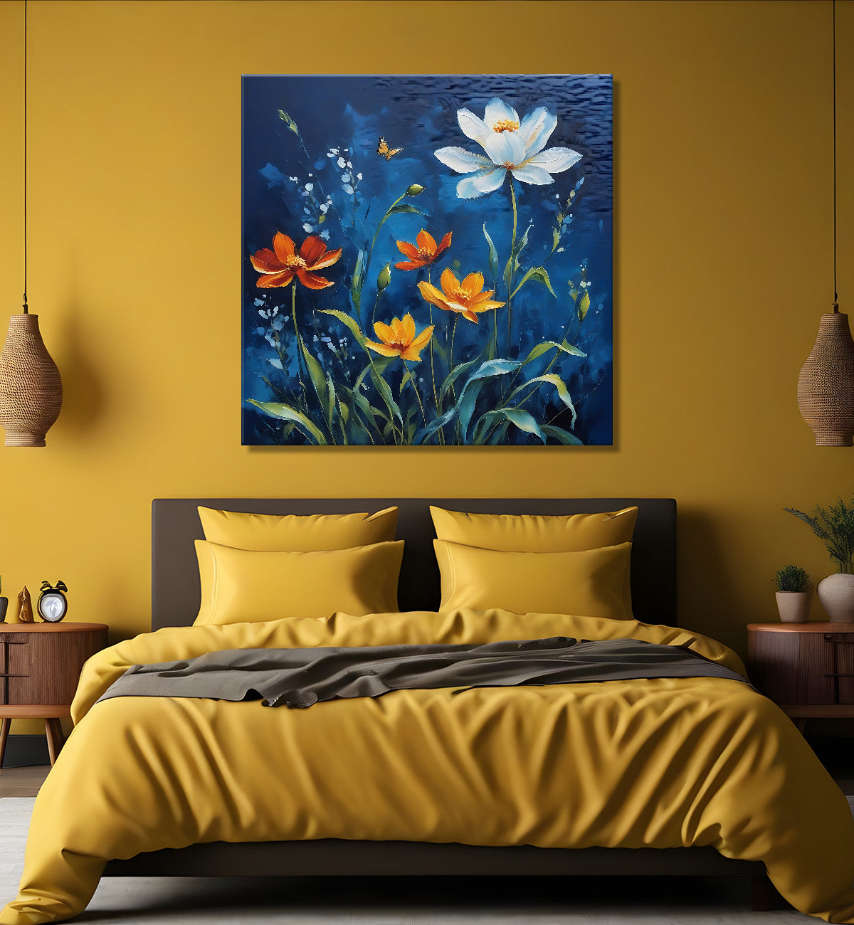 White and orange flowers in navy blue painting - Flower-S-215