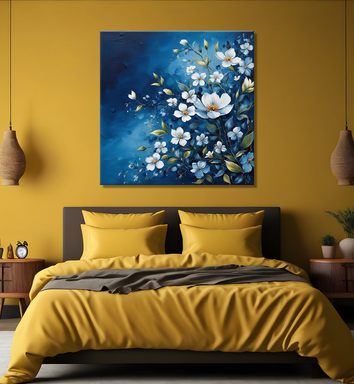 White flowers in navy blue textured painting - Flower-S-216
