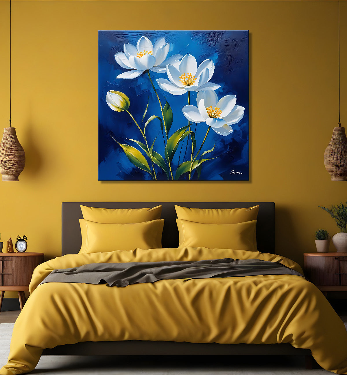 White flowers in navy blue textured painting - Flower-S-218
