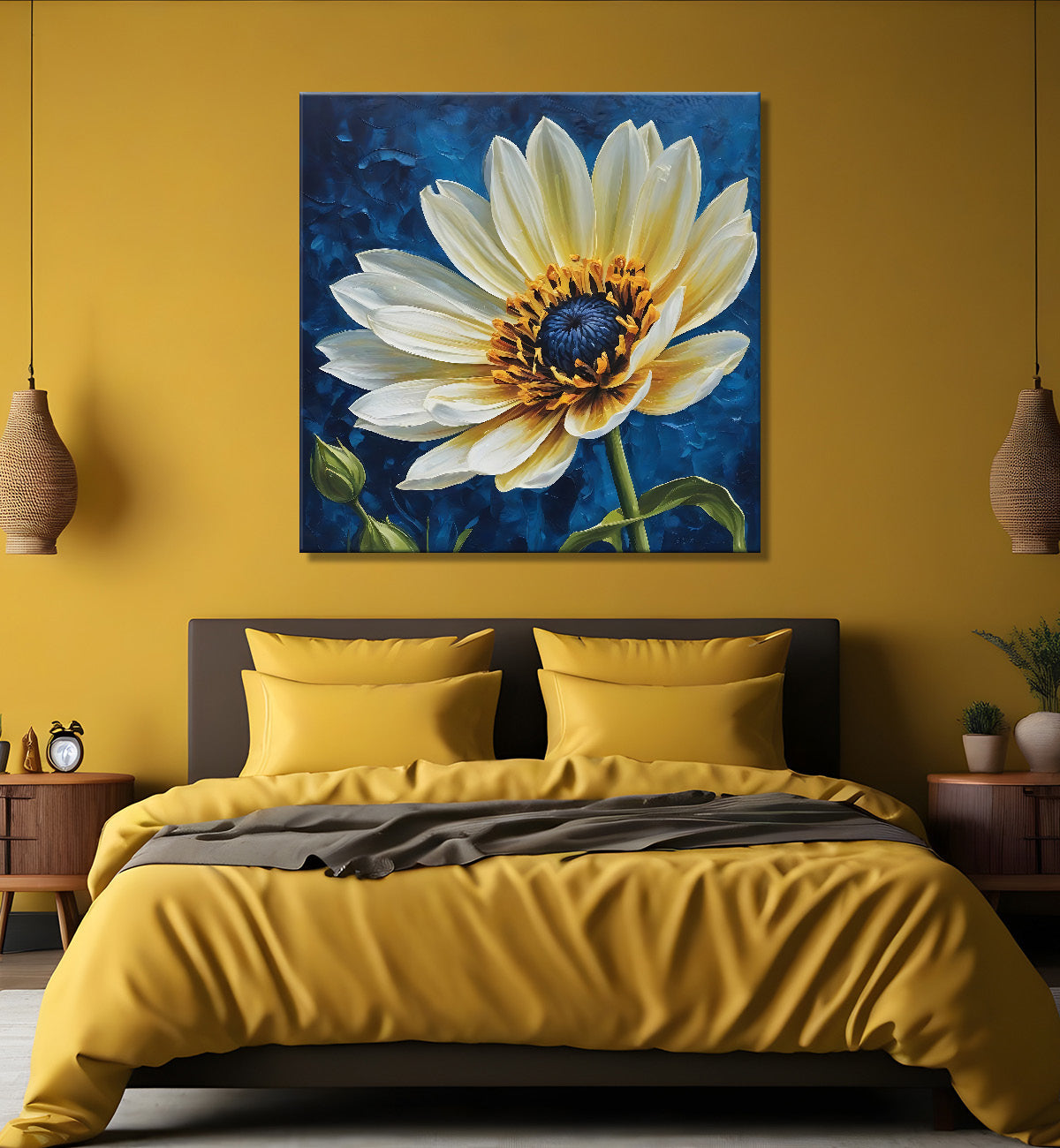 White flower in navy blue textured painting - Flower-S-219