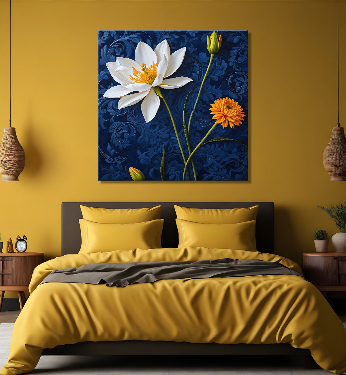 White flower in navy blue textured painting - Flower-S-220