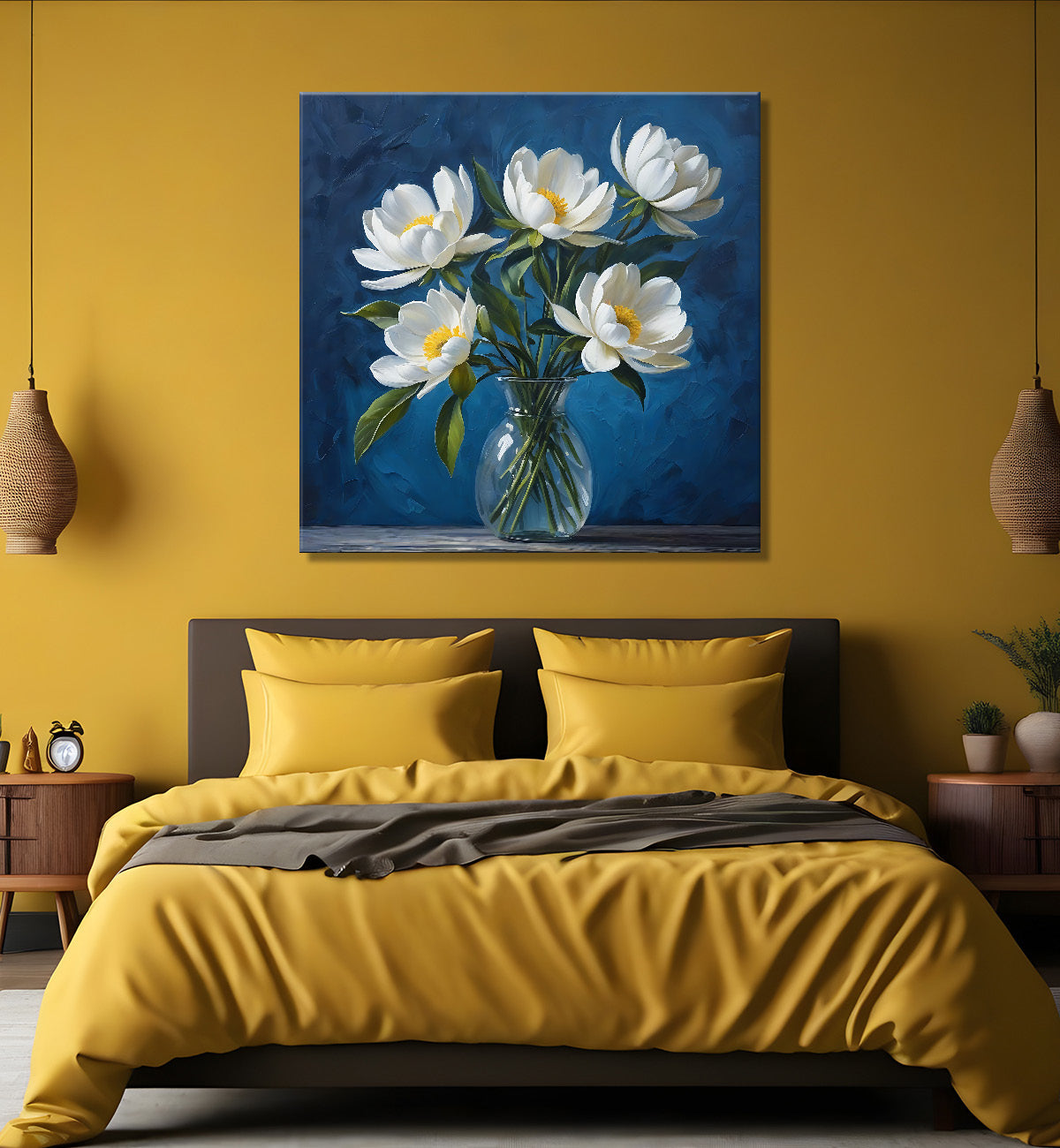 White flowers in navy blue textured painting - Flower-S-221